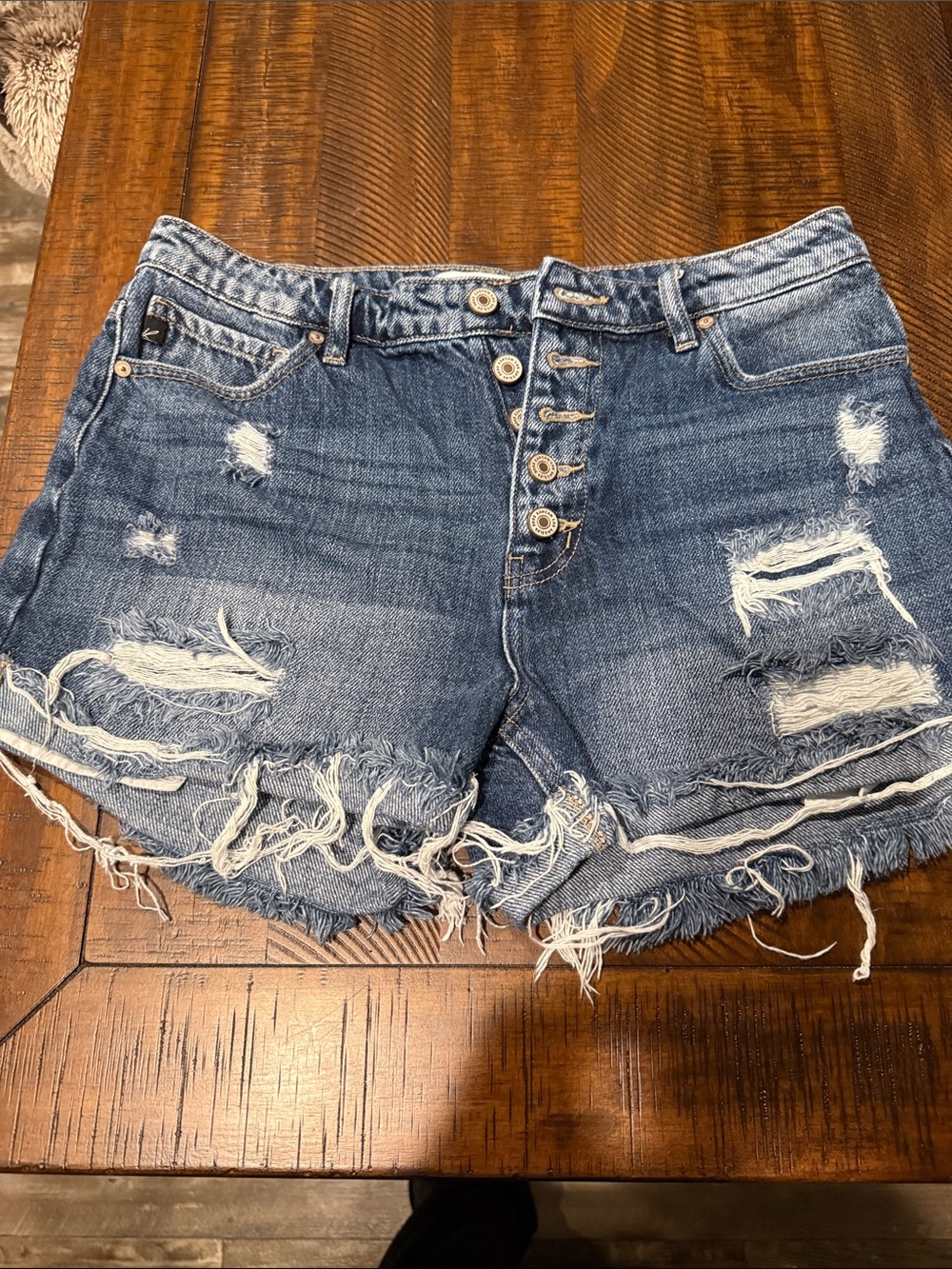 KanCan Distressed Button-Front Denim Shorts - Blue